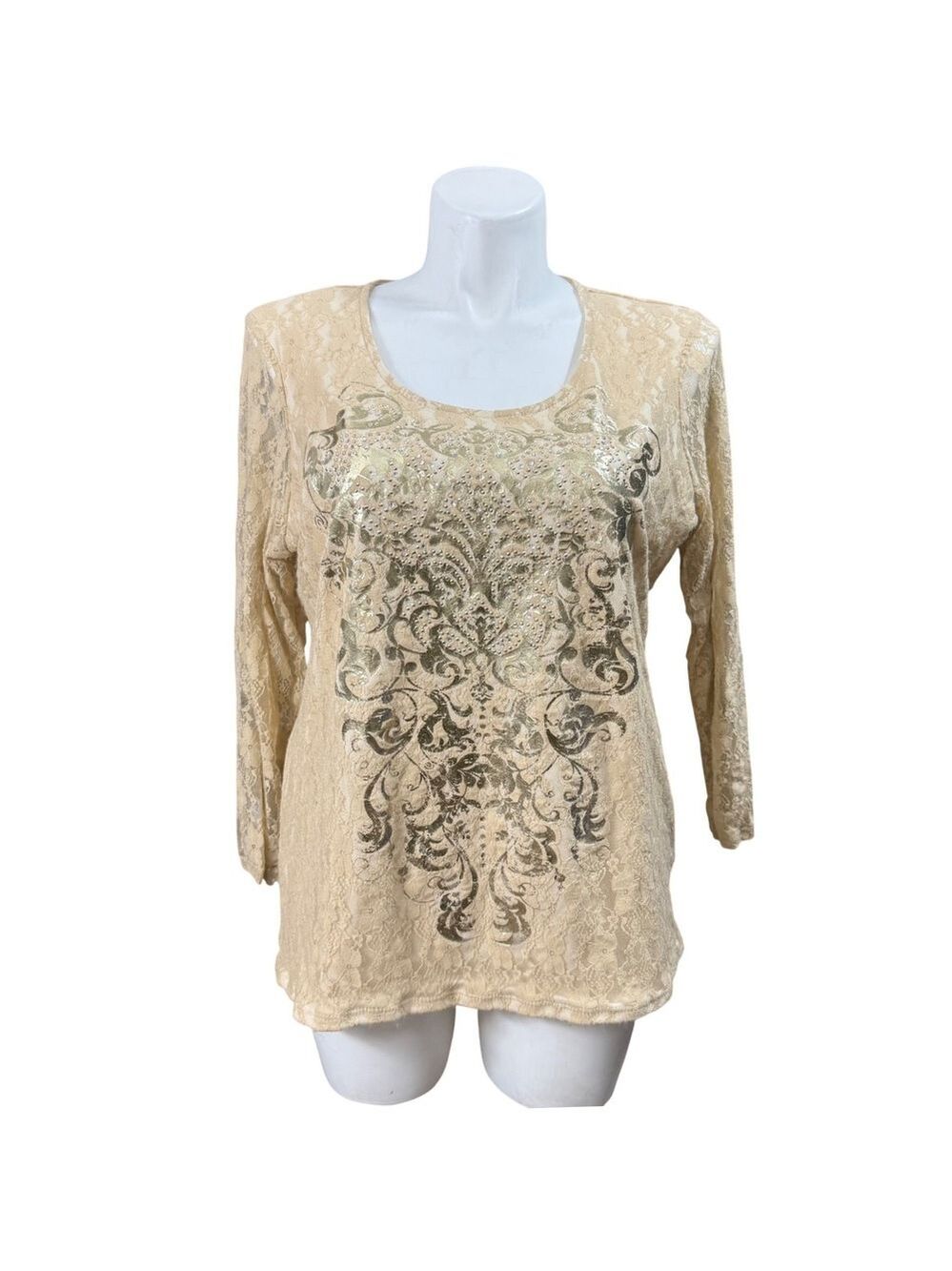 Reba Womens XL Beige Floral Lace Gold Foil Rhinestone 3/4 Sleeve Scoop Neck Top